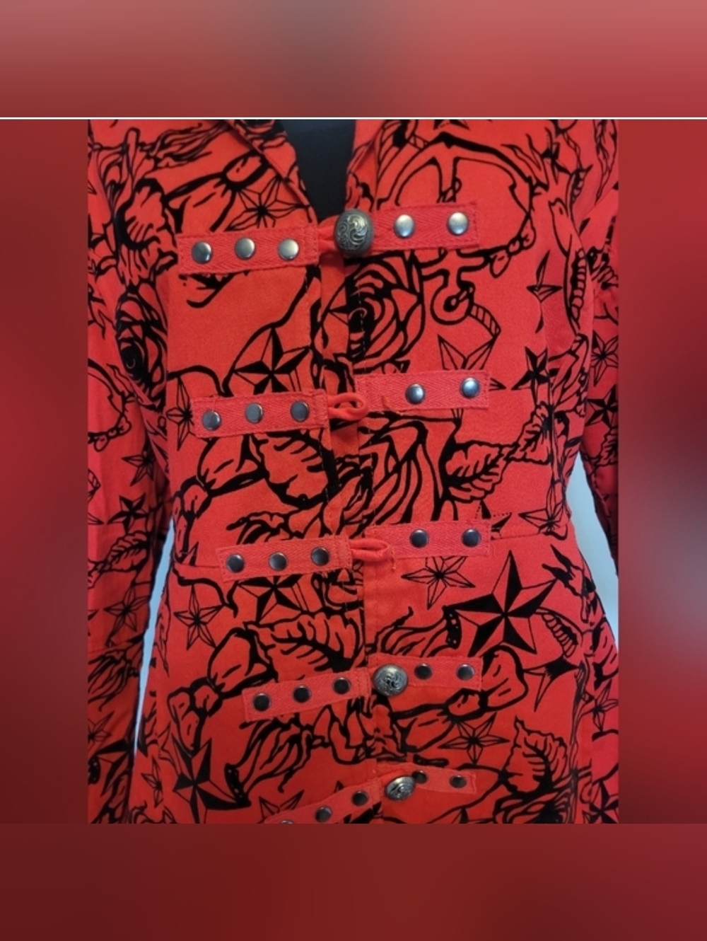 Hearts And Roses Flocked Tattoo Coat With Corset Back, Size 14 - Picture 4 of 12